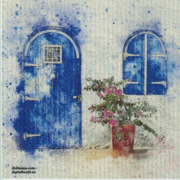 Disktrasa med motiv av blå dörr målad Kjell Mari Ekvall
