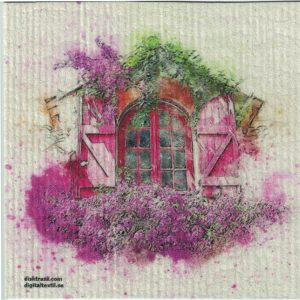 Disktrasa med motiv av rosa fönster med luckor målad Kjell Mari Ekvall